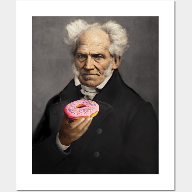 Arthur Schopenhauer with a pink sprinkle doughnut. Wall Art by Luggnagg